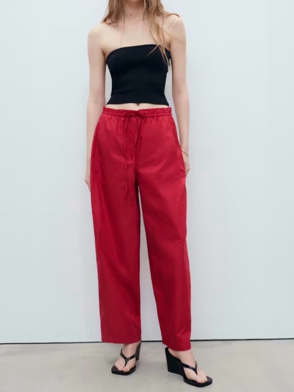 Mango Red Drawstring Wide-Leg Pants